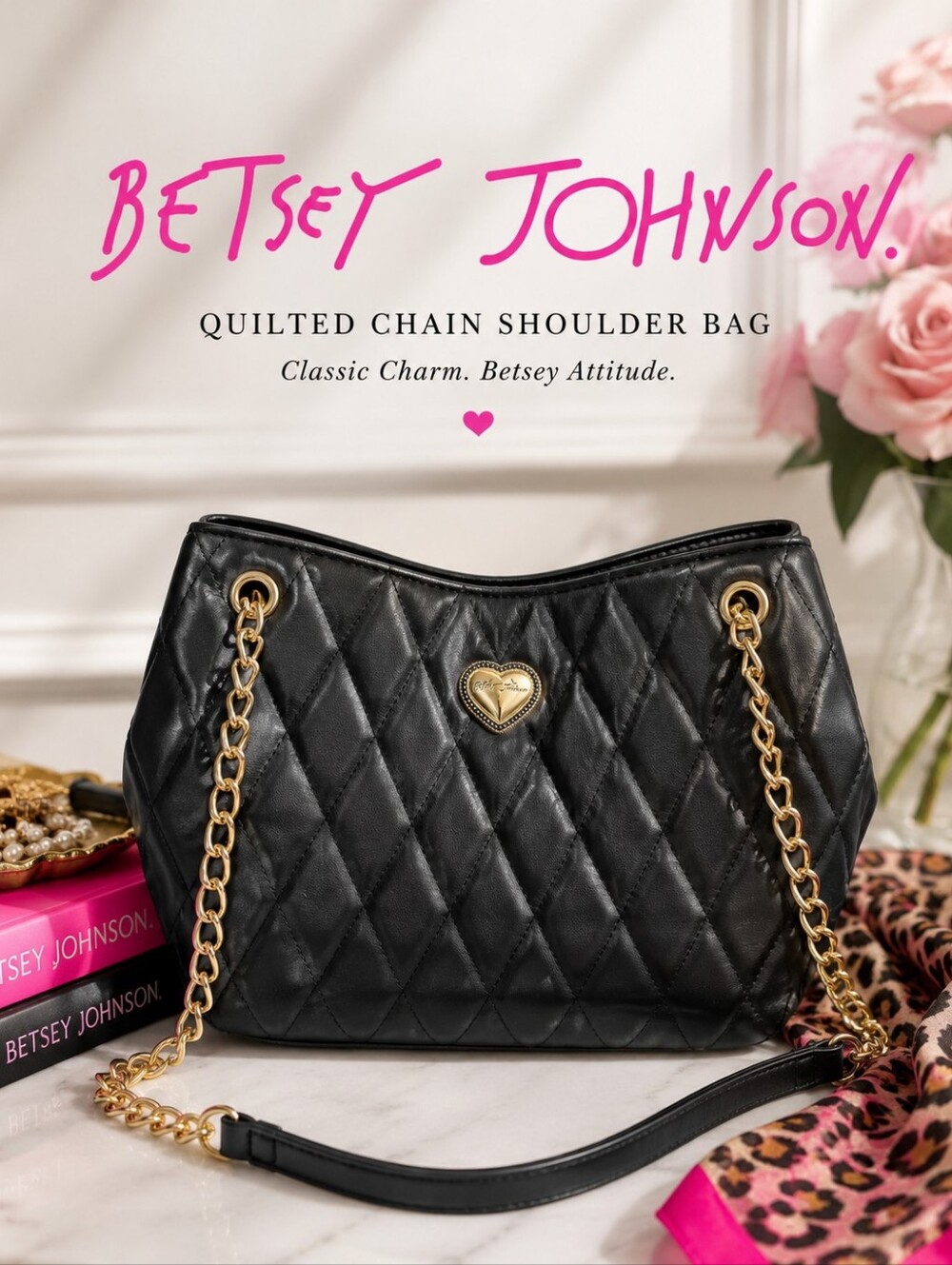 Betsey Johnson Black Quilted Faux Leather Chain Shoulder Bag Tote Purse